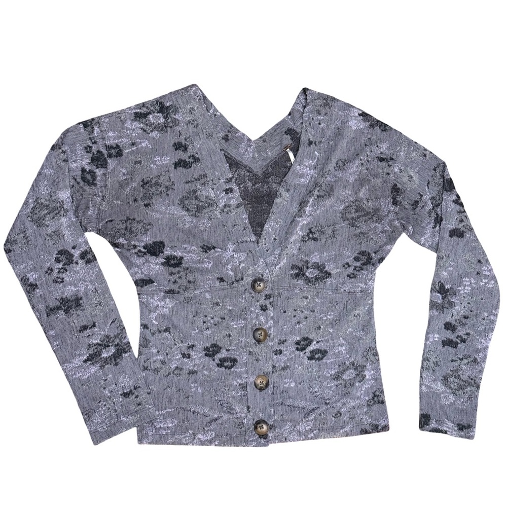 Gray Floral Button-Up Cardigan